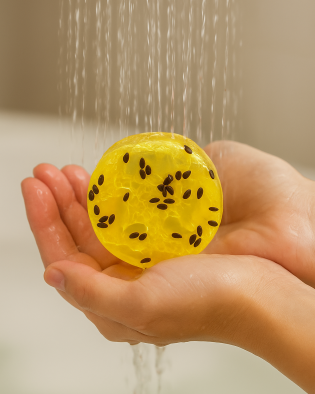 Sabonete Redondo de Maracujá com Esponja Vegetal – Esfoliação Suave e Aroma Refrescante